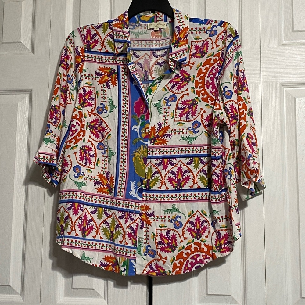 Cynthis Rowley Plus Bohemian Patchwork Button Up Blouse top shirt Size 1X
